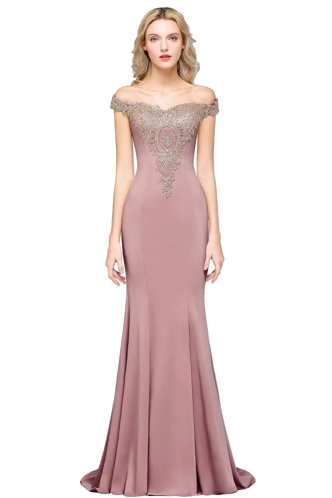 Off the Shoulder Gold Appliques Mermaid Evening Gowns Slim Prom Dress