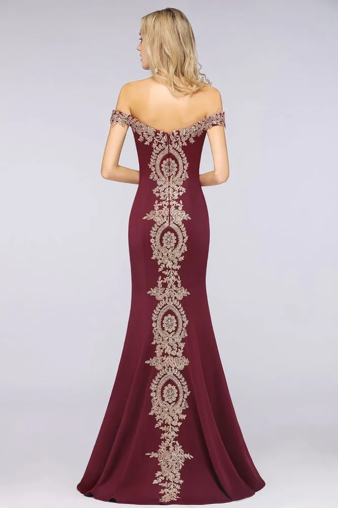 Off the Shoulder Gold Appliques Mermaid Evening Gowns Slim Prom Dress