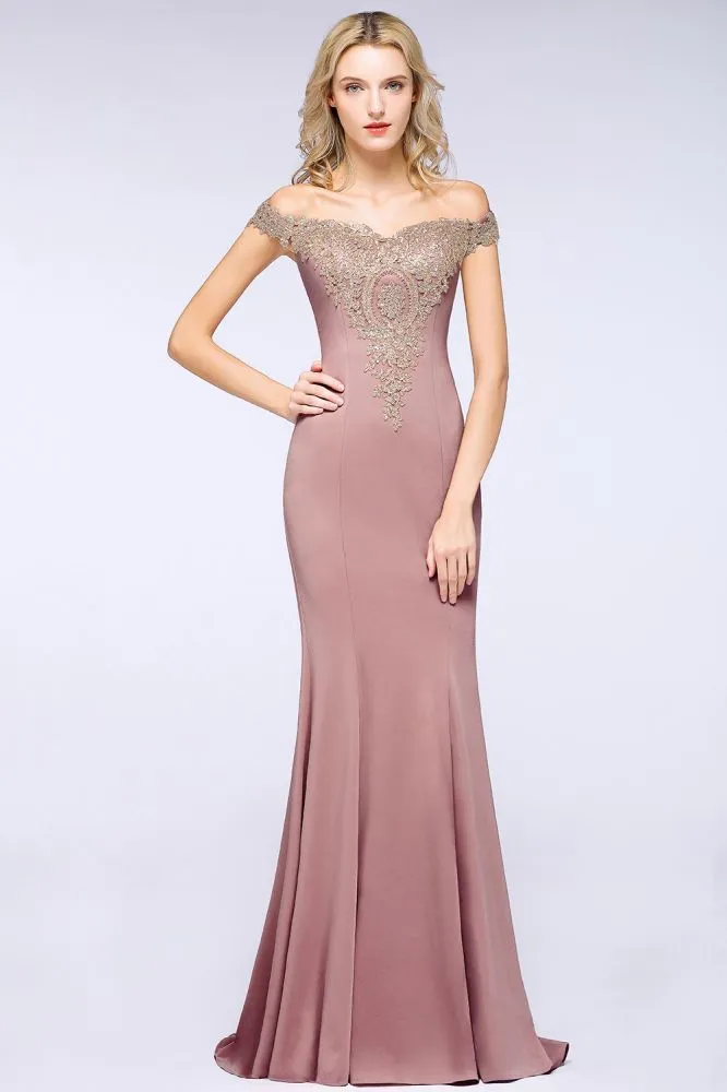 Off the Shoulder Gold Appliques Mermaid Evening Gowns Slim Prom Dress