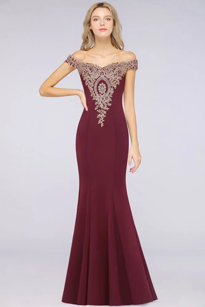 Off the Shoulder Gold Appliques Mermaid Evening Gowns Slim Prom Dress