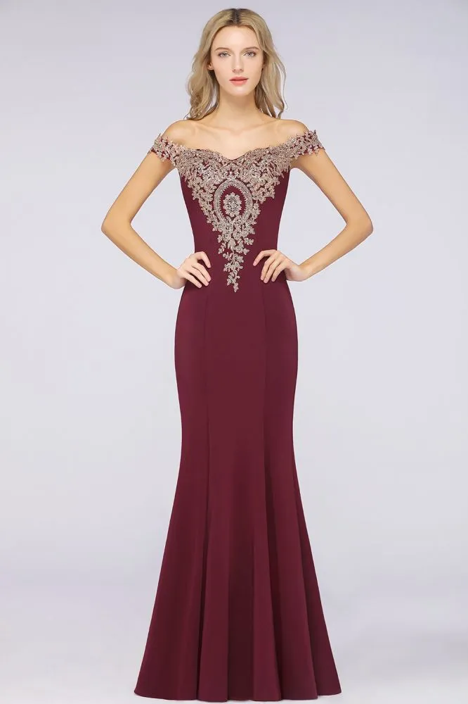 Off the Shoulder Gold Appliques Mermaid Evening Gowns Slim Prom Dress