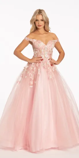 Off the Shoulder Tulle Ballgown with Sequin Floral Detail