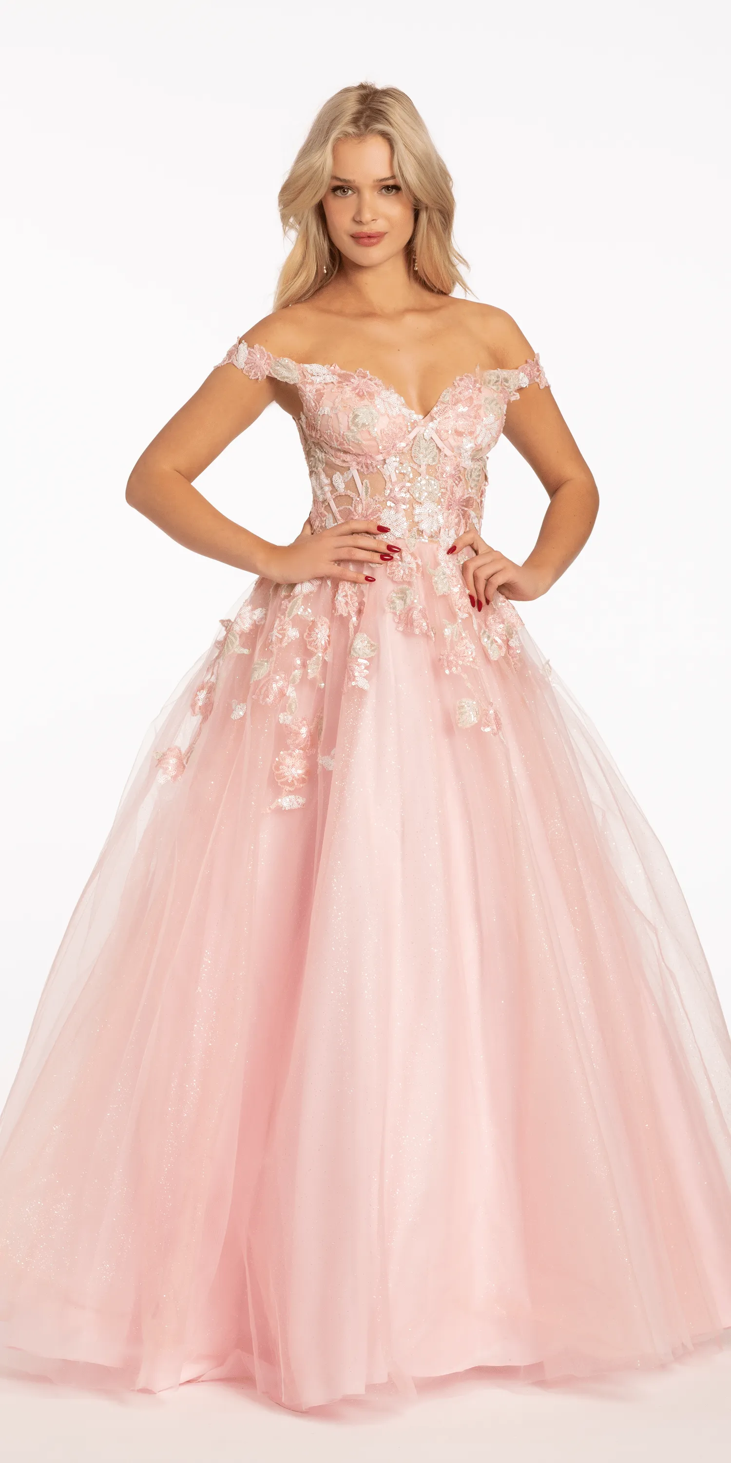 Off the Shoulder Tulle Ballgown with Sequin Floral Detail