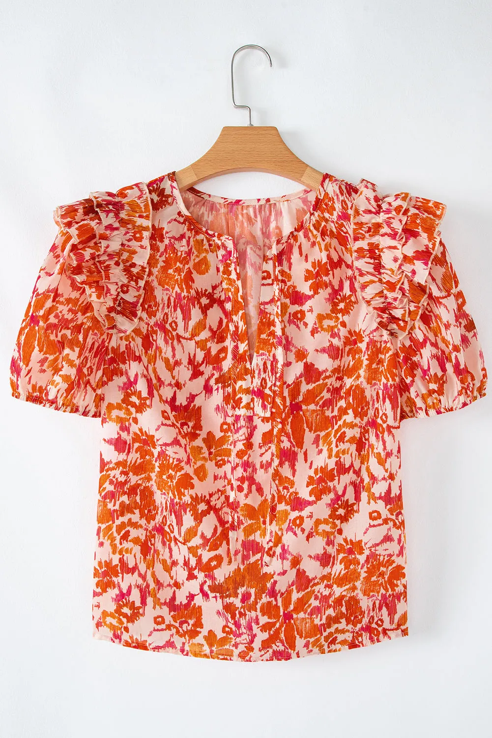 Orange Floral Print Ruffled Short Puff Sleeve Split Neck Blouse