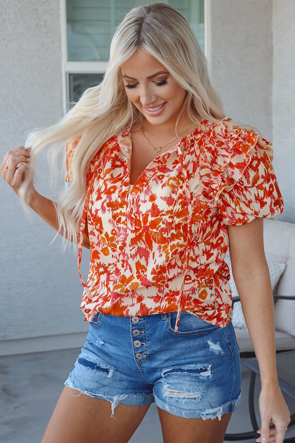 Orange Floral Print Ruffled Short Puff Sleeve Split Neck Blouse