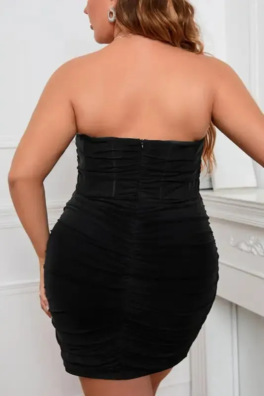 Plus Size Strapless Shirring Boned Bodice Mini Dress