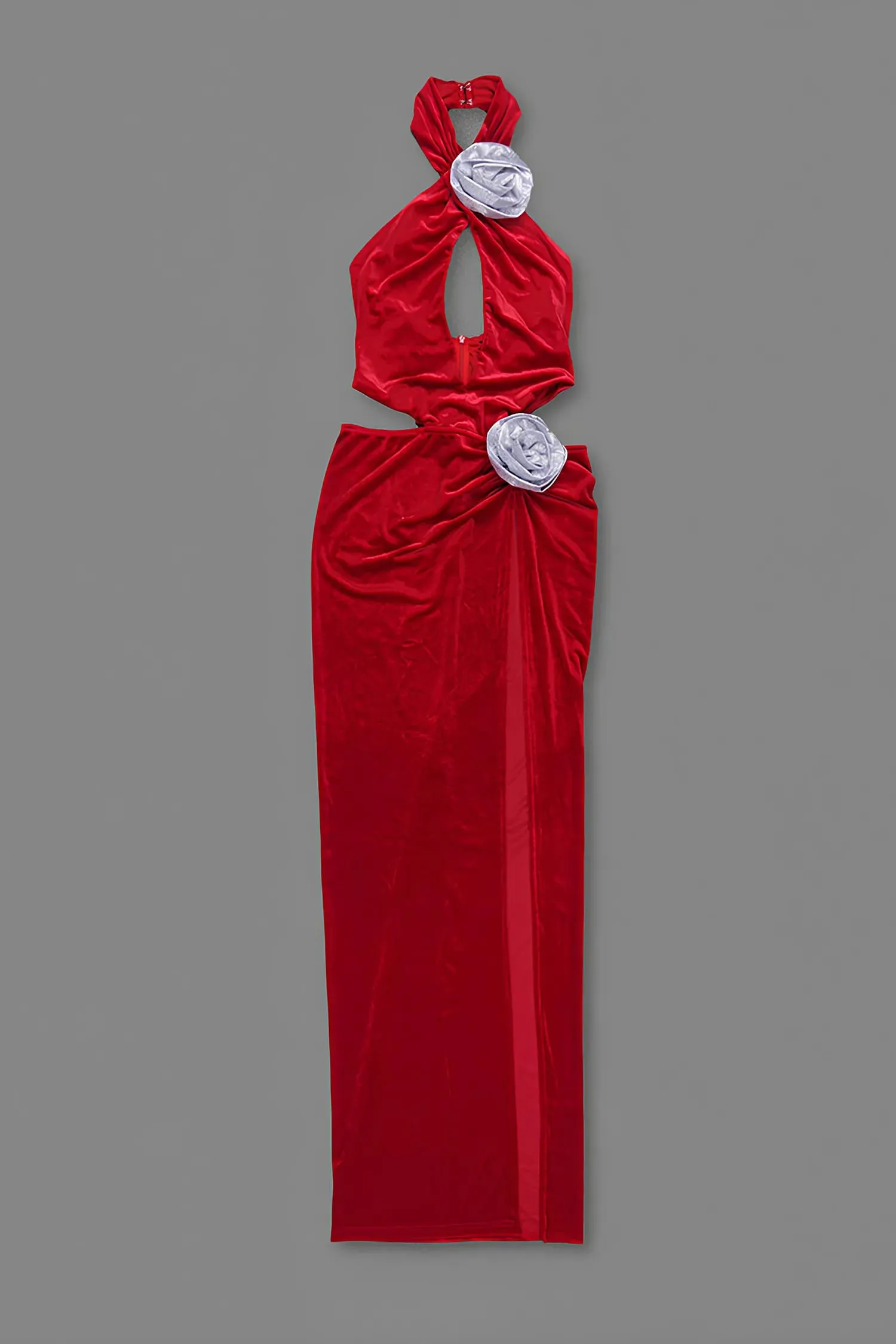 Red Velvet Rose Embellished Cutout Maxi Dress