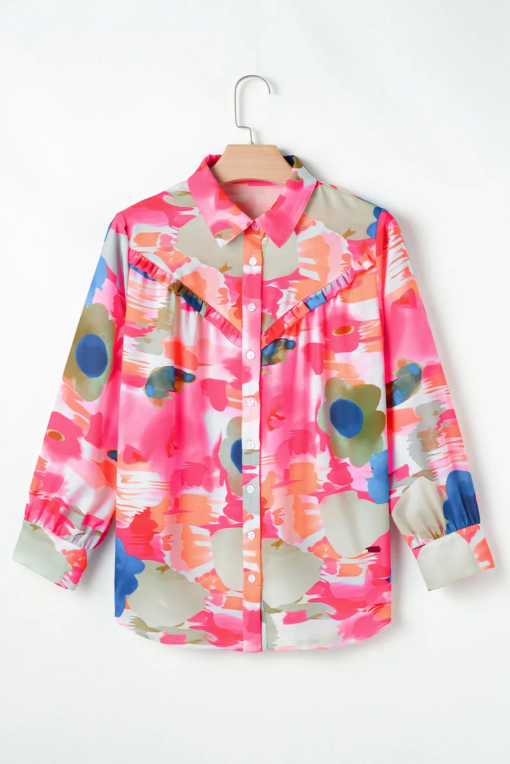 Rose Abstract Print Ruffled Puff Sleeve Shirt