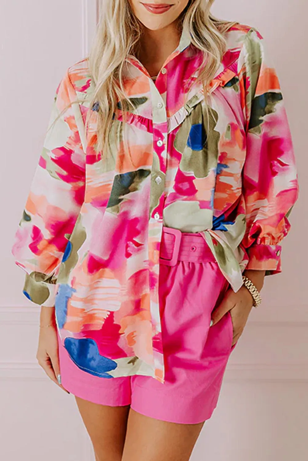 Rose Abstract Print Ruffled Puff Sleeve Shirt