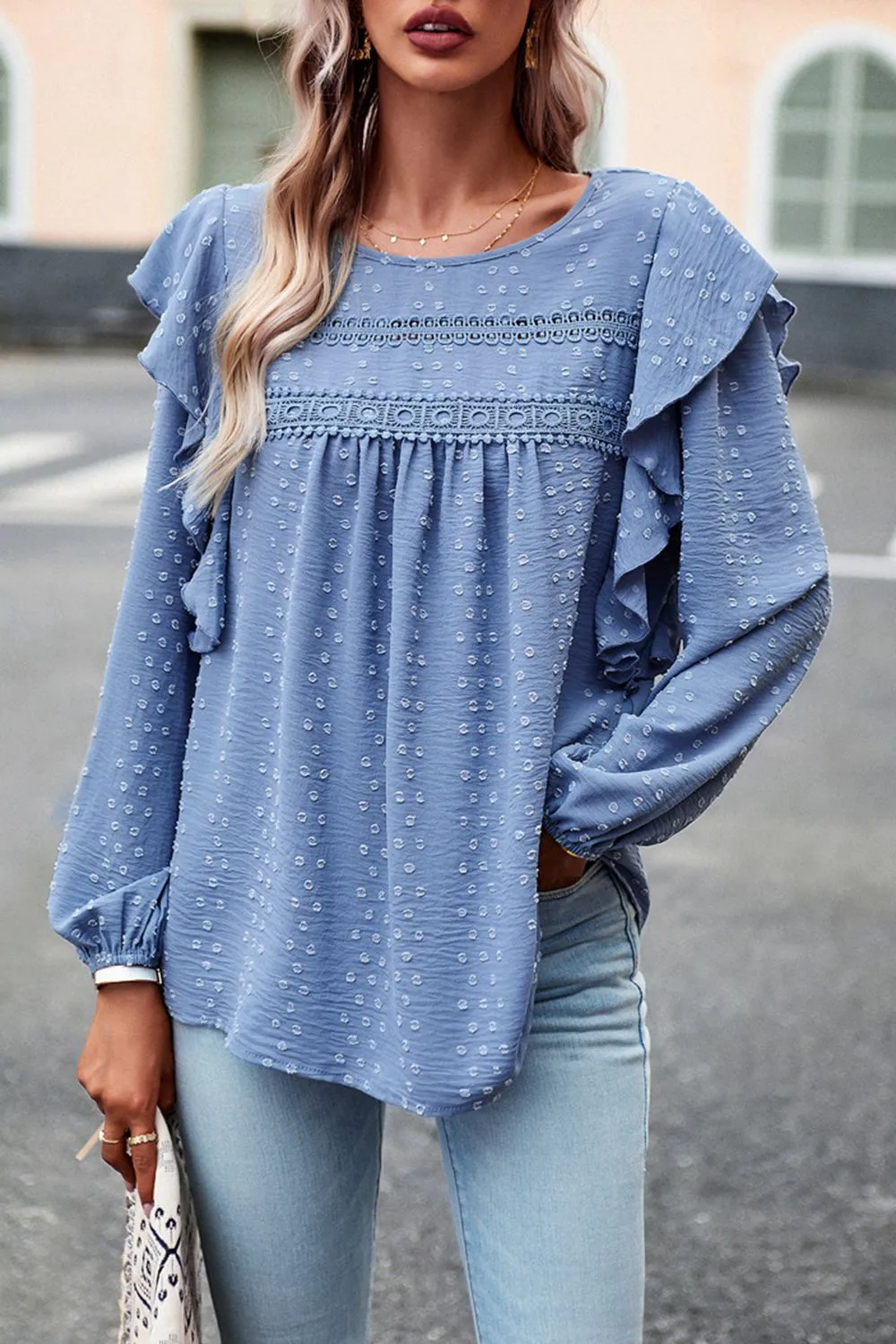 Ruffle Trim Balloon Sleeve Blouse