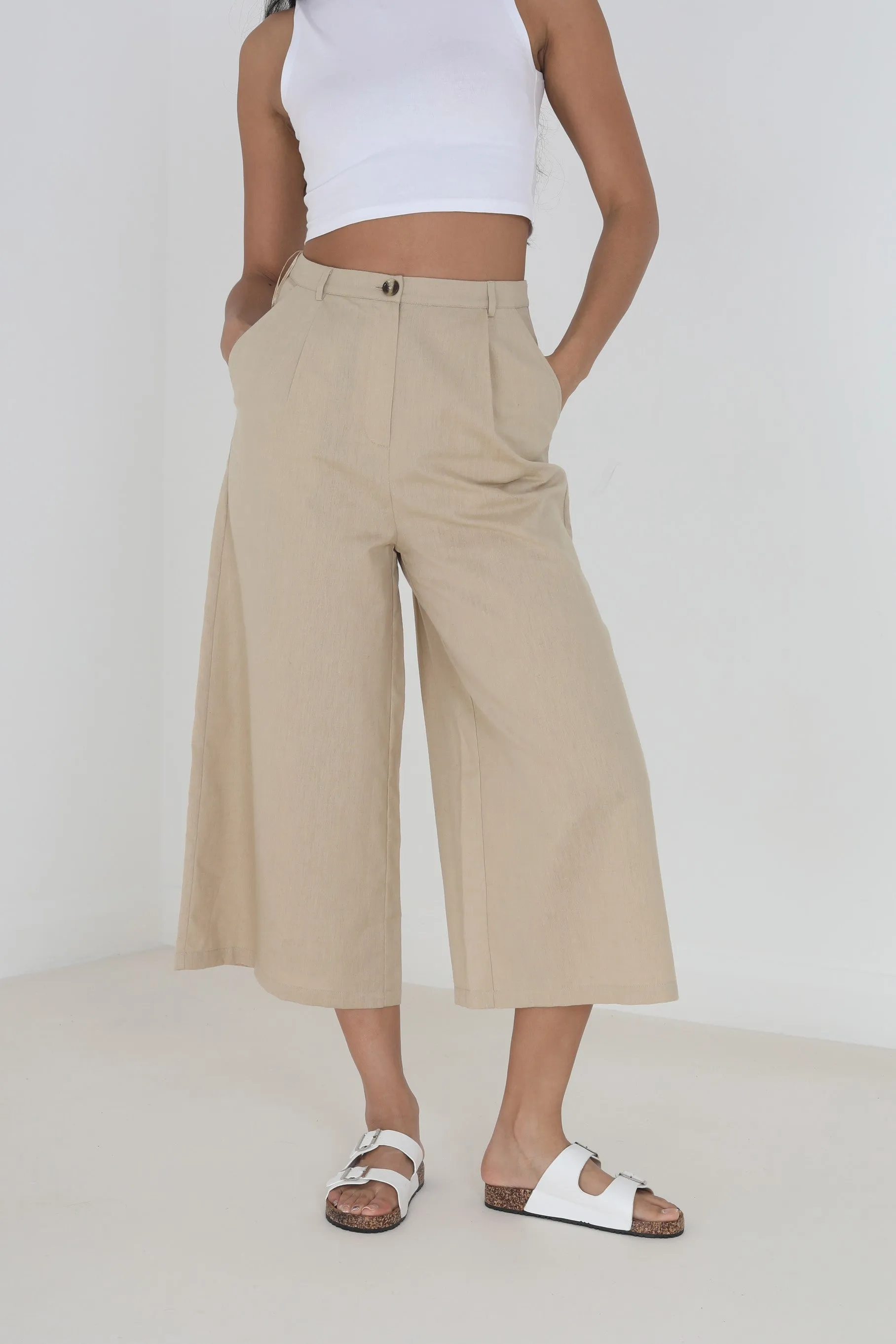 SAND WIDE LEG THREE QUARTER CULOTTE TROUSERS