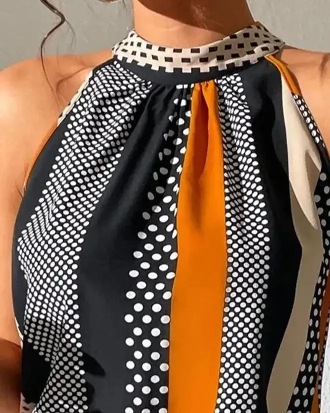 Sleeveless Casual Polka Dot Top Print & Mock Neck Daily Tops