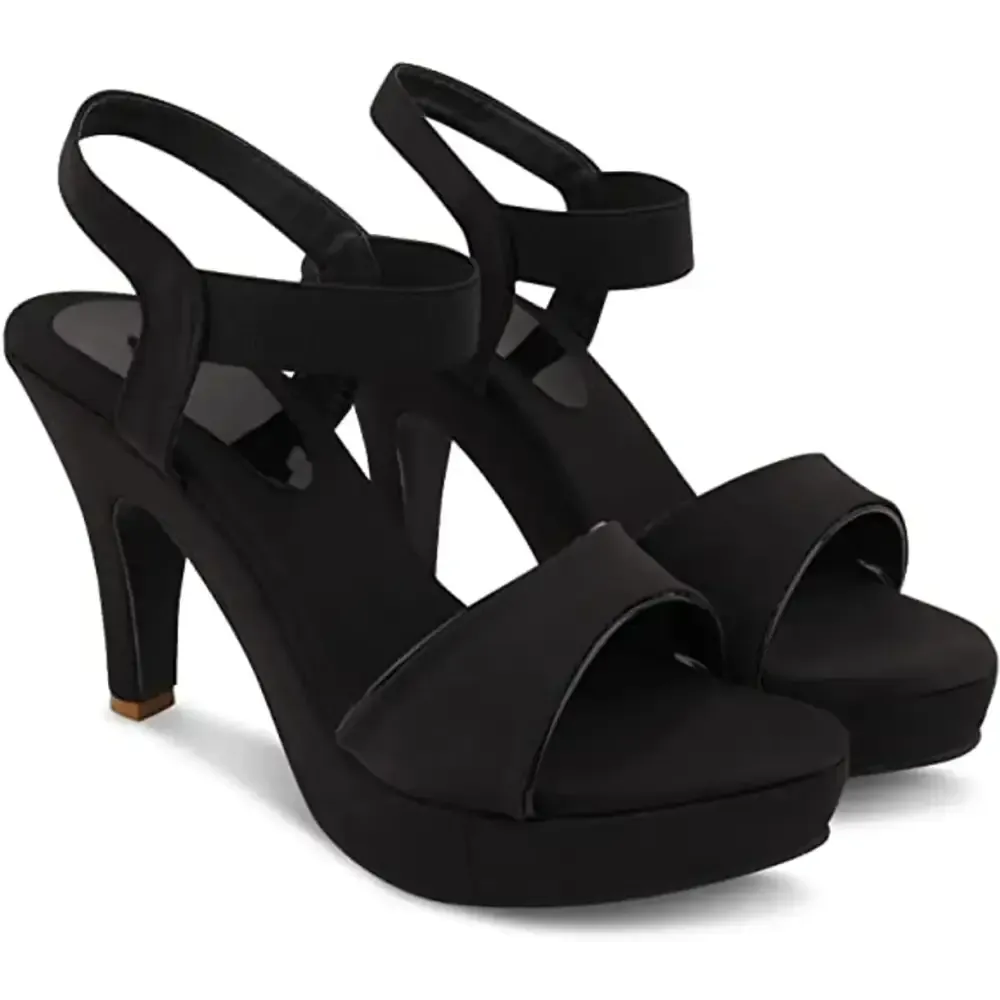 Stylish Black Synthetic Leather Self Design Heels For Women