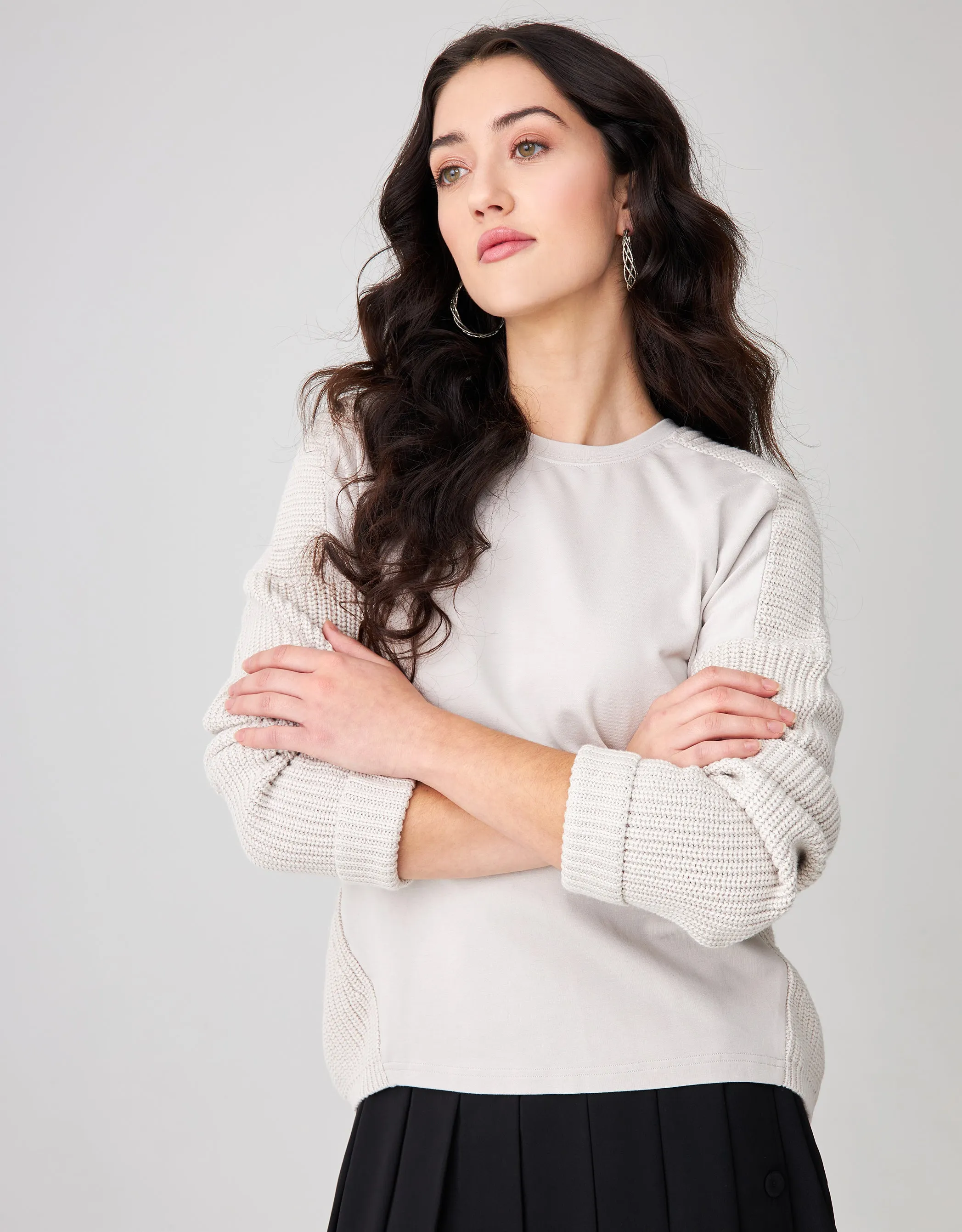 SuperSoft Jersey and Chunky Knit Combo Crew Top Stone Gray