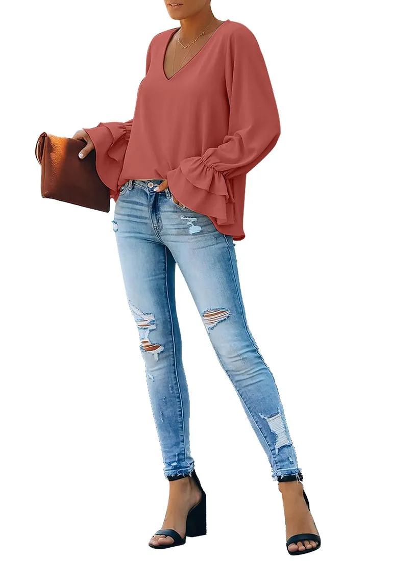 Vetinee Women's V Neck Ruffled Long Bell Sleeve Tops Casual Loose Shirt Blouse