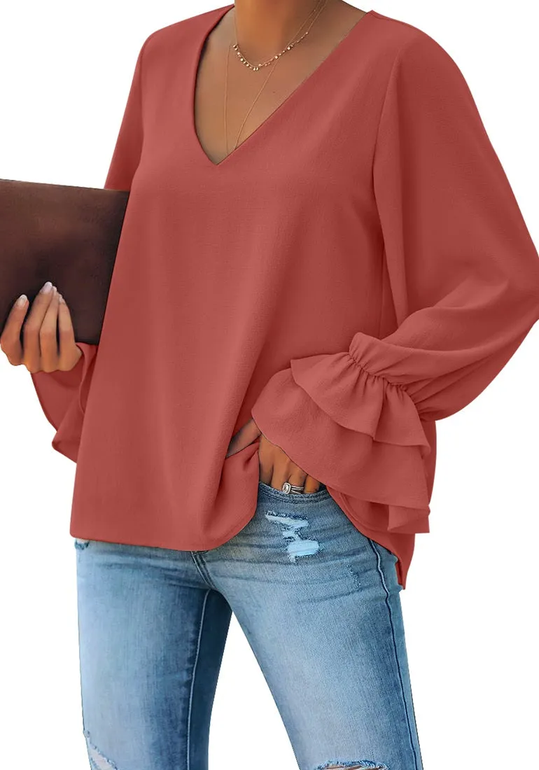 Vetinee Women's V Neck Ruffled Long Bell Sleeve Tops Casual Loose Shirt Blouse