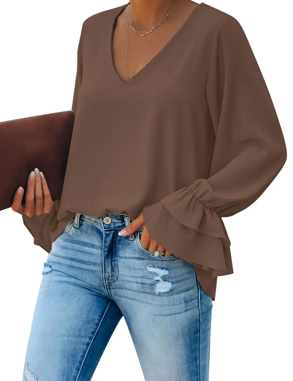 Vetinee Women's V Neck Ruffled Long Bell Sleeve Tops Casual Loose Shirt Blouse