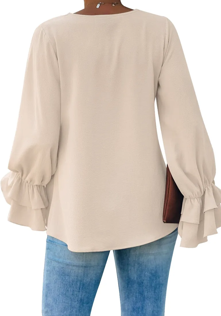 Vetinee Women's V Neck Ruffled Long Bell Sleeve Tops Casual Loose Shirt Blouse