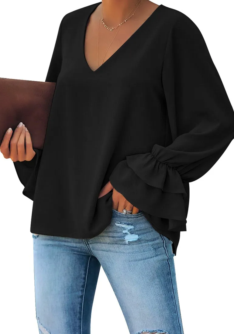 Vetinee Women's V Neck Ruffled Long Bell Sleeve Tops Casual Loose Shirt Blouse