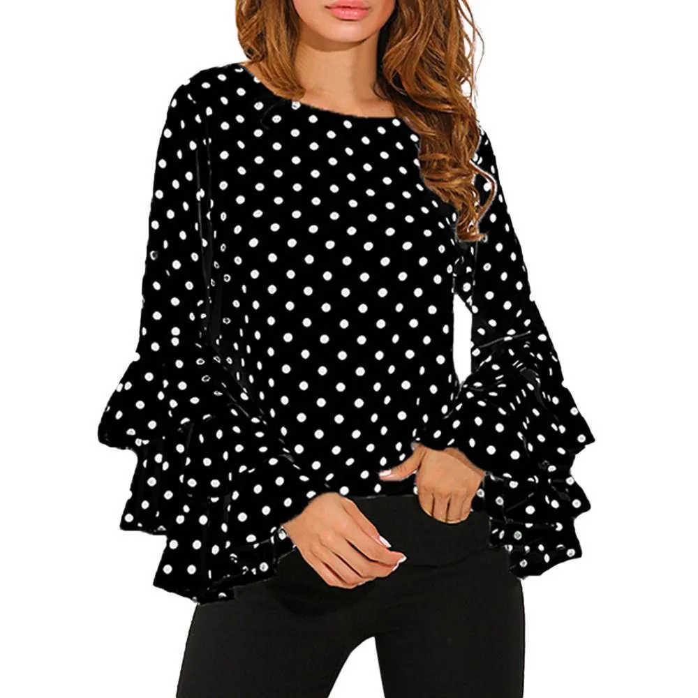 Women Blouses Polka Dot Bell Sleeve Blouses