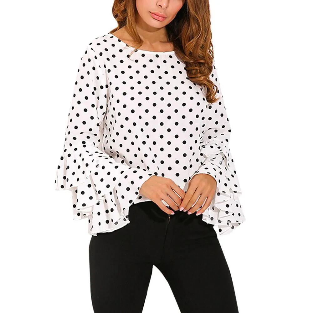 Women Blouses Polka Dot Bell Sleeve Blouses