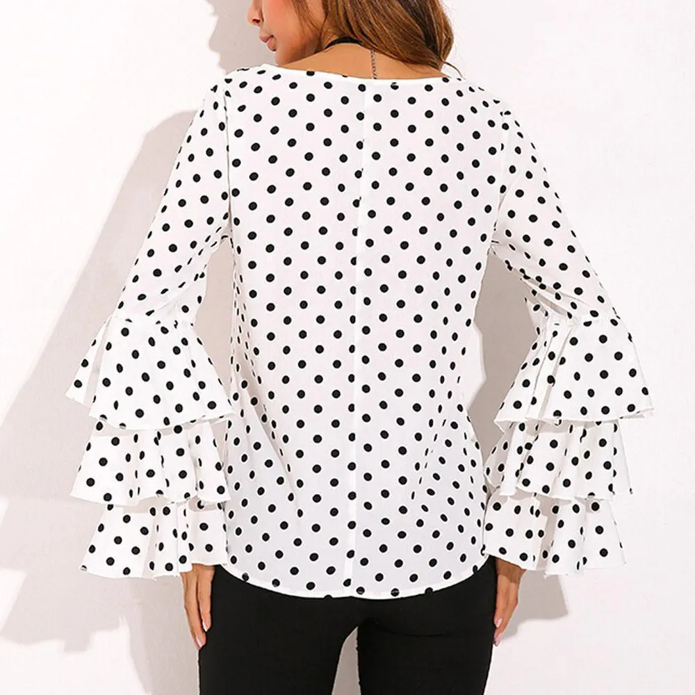 Women Blouses Polka Dot Bell Sleeve Blouses