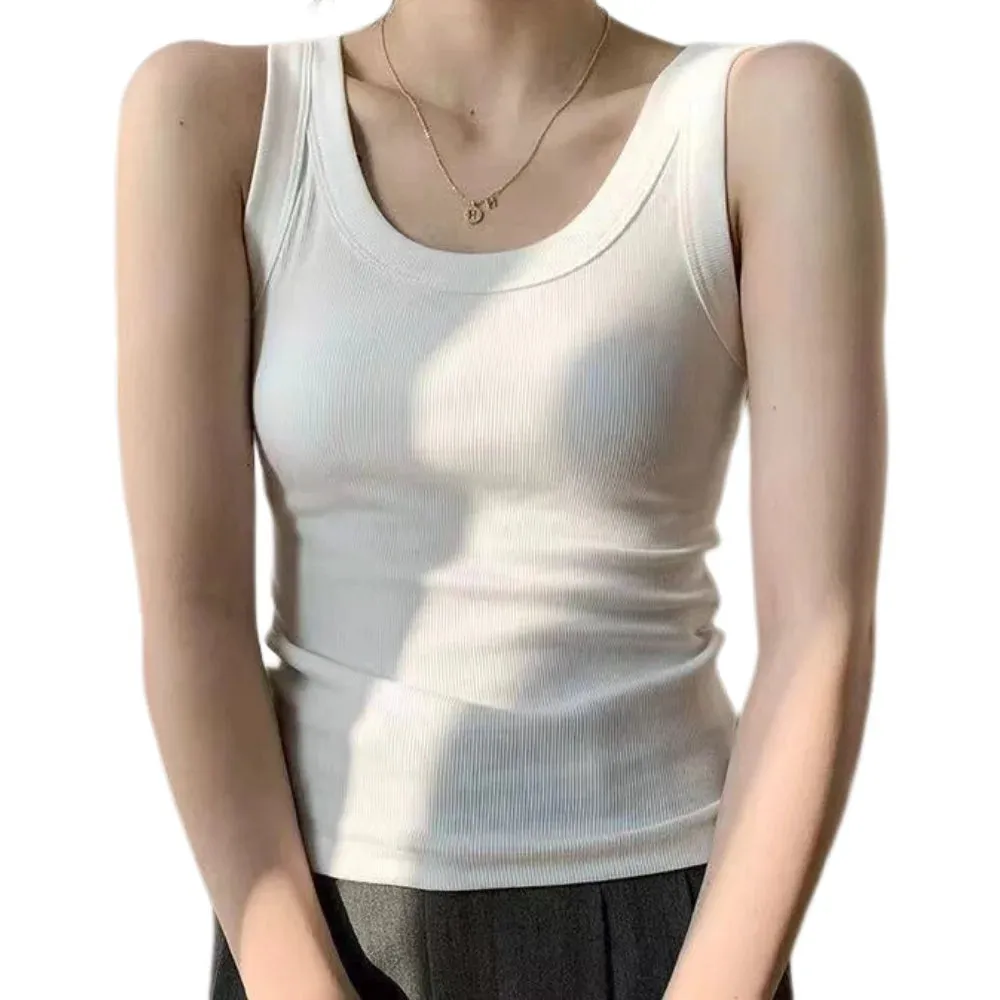 Women Ribbed Tank Top Solid Sleeveless Round Neck Top