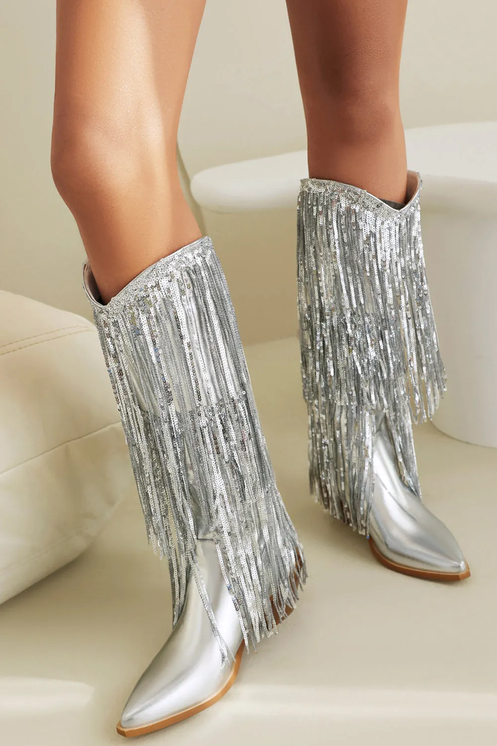 Women's Blue Fringe Metallic Pointed Toe Chunky Heel Mid Calf Boots