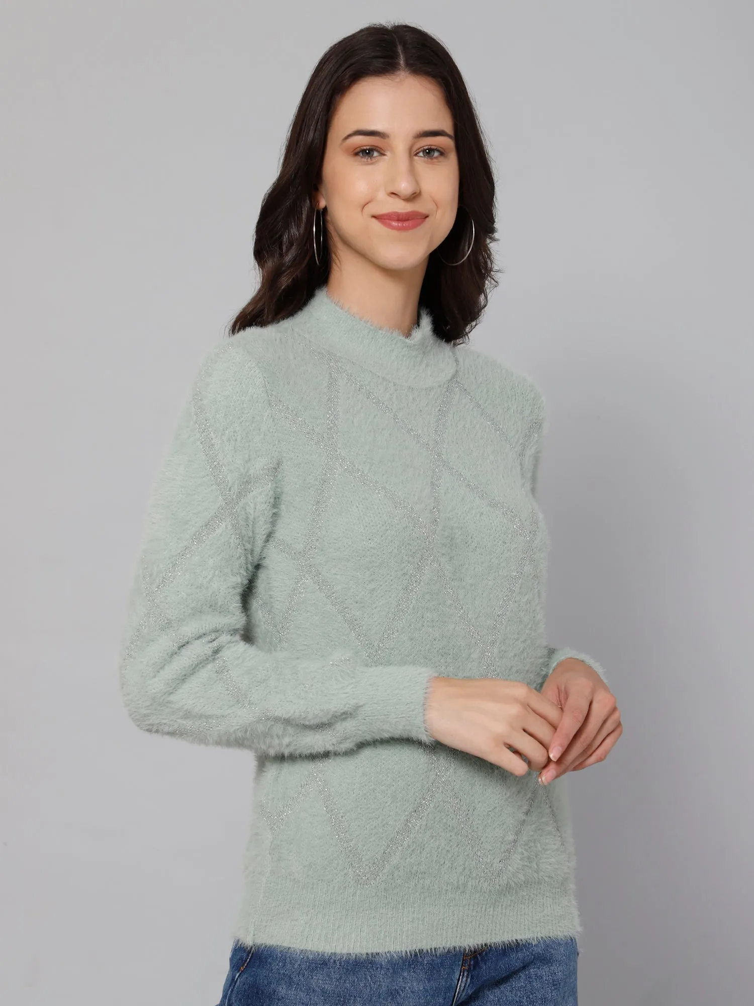 Women's Casual  Green High neck Pullover Sweater