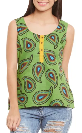 Womens Cotton Printed Short Top Kurti Sleeveless With Contrast Placket And Buttons,4X-Large,W-CST44-3101