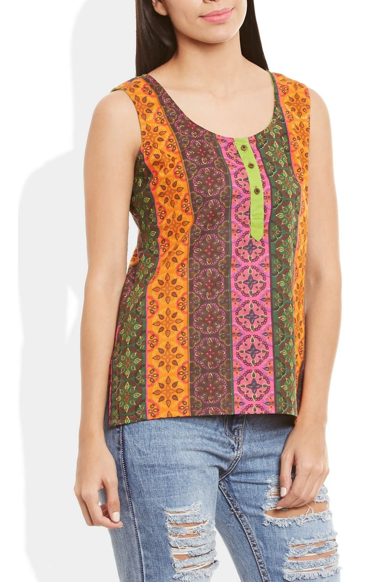 Womens Cotton Printed Short Top Kurti Sleeveless With Contrast Placket And Buttons,4X-Large,W-CST44-3102