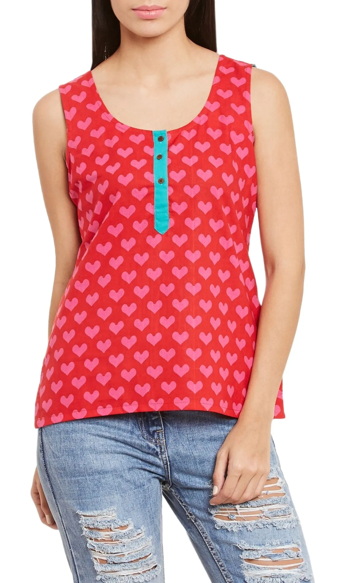 Womens Cotton Printed Short Top Kurti Sleeveless With Contrast Placket And Buttons,Large,W-CST36-3111