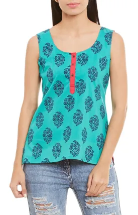 Womens Cotton Printed Short Top Kurti Sleeveless With Contrast Placket And Buttons,Medium,W-CST34-3132