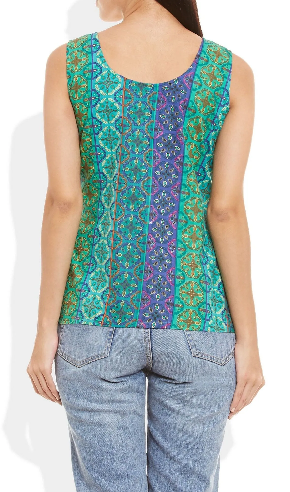 Womens Cotton Printed Short Top Kurti Sleeveless With Contrast Placket And Buttons,Small,W-CST32-3125