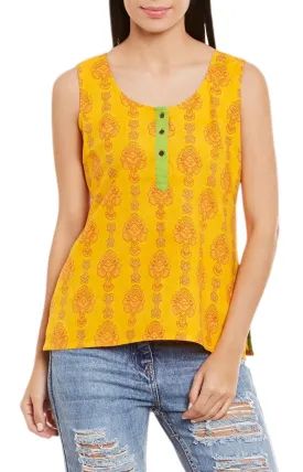 Womens Cotton Printed Short Top Kurti Sleeveless With Contrast Placket And Buttons,X-Large,W-CST38-3124