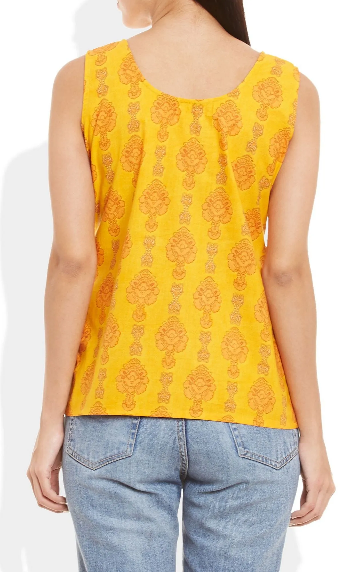 Womens Cotton Printed Short Top Kurti Sleeveless With Contrast Placket And Buttons,X-Large,W-CST38-3124