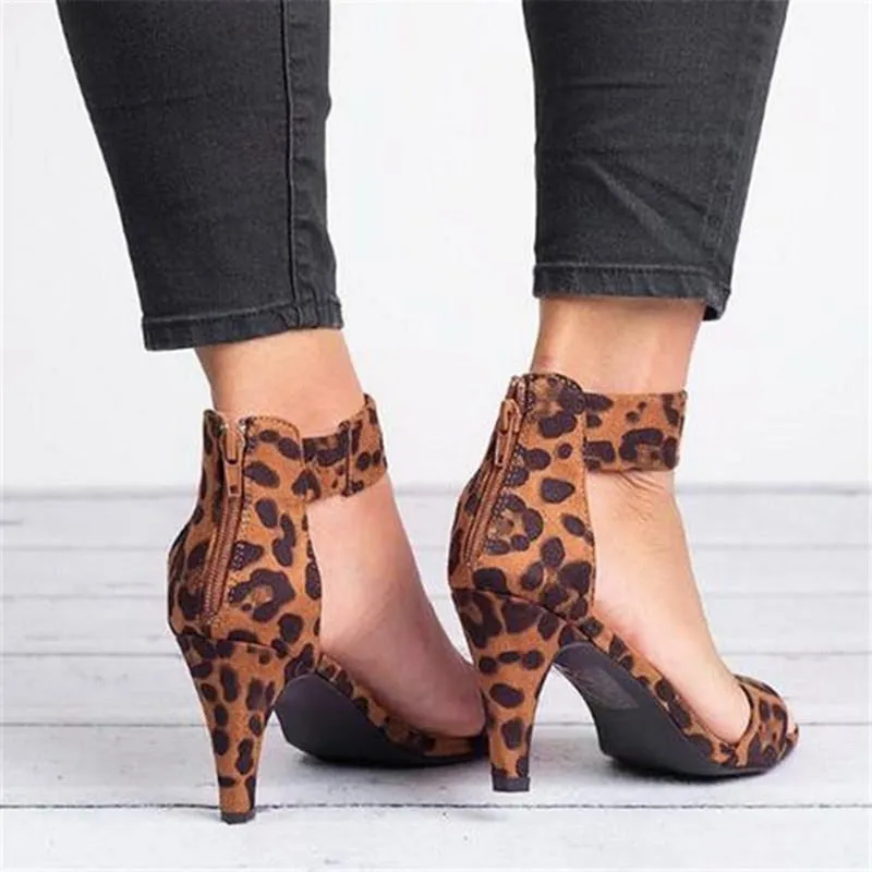 Women's Flock Square Leopard High Heels Buckle Strap Sandals