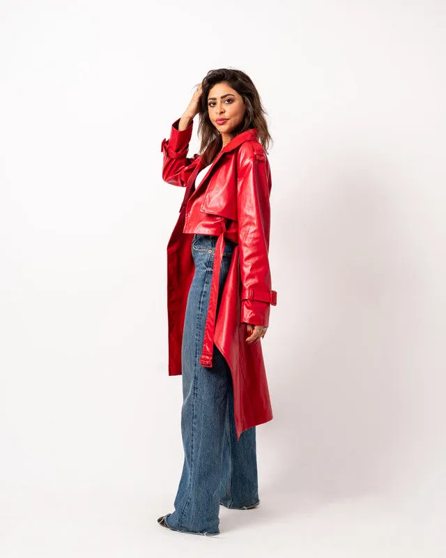 Women's Pure Leather Double Way Coat in Red - Stylish & Versatile Outerwear Made in Egypt