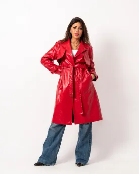 Women's Pure Leather Double Way Coat in Red - Stylish & Versatile Outerwear Made in Egypt