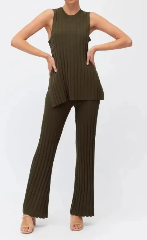 Women's Ribbed Sleeveless Top & Elastic Waist Pants Set