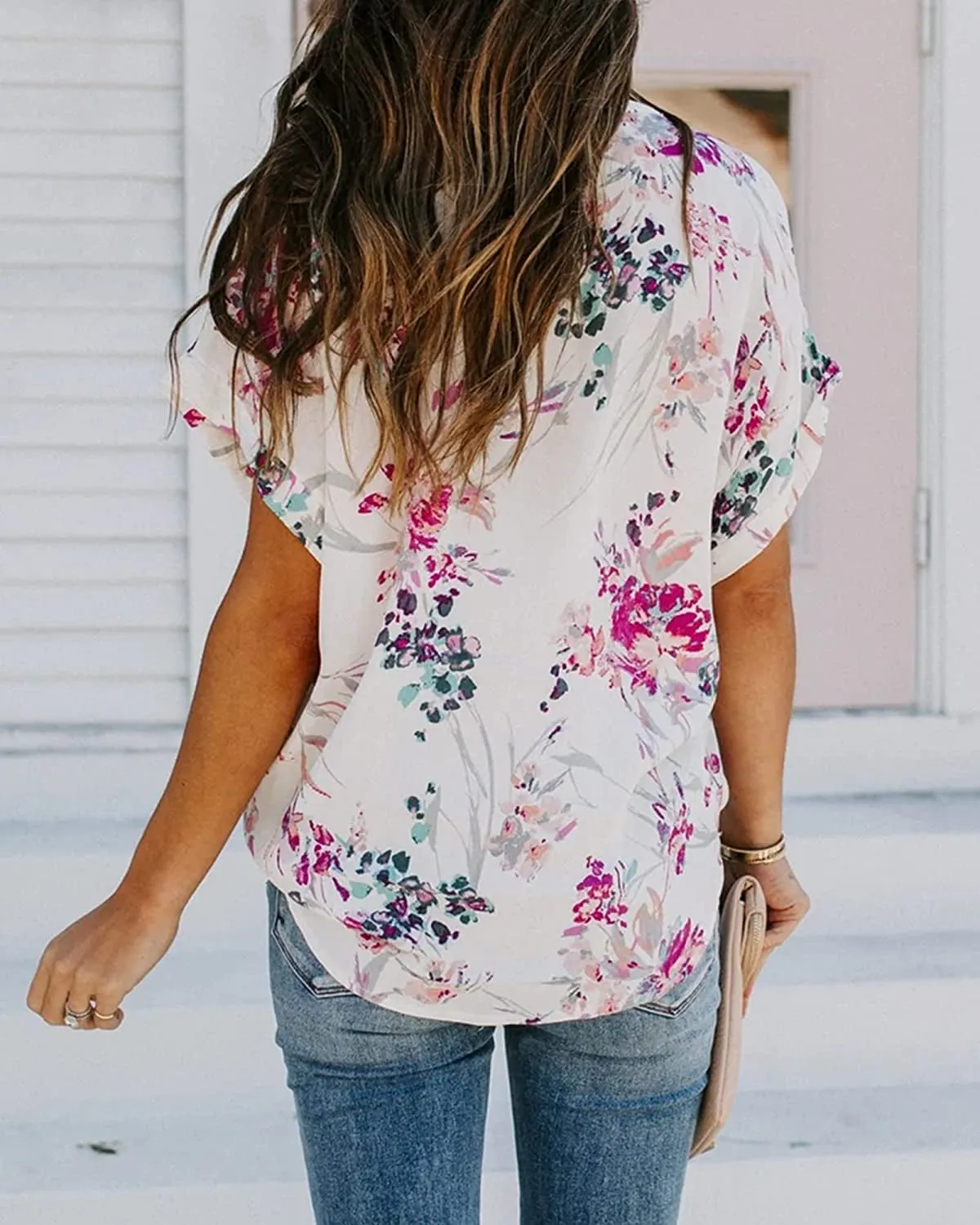 Women's Short Sleeve Shirts Summer Split V Neck Chiffon Blouses Tops