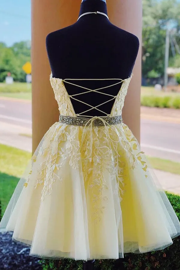 Yellow Tulle A-line Halter Lace up Appliques Short Homecoming Dresses, SH552