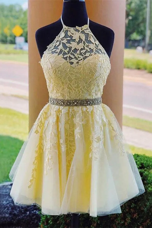 Yellow Tulle A-line Halter Lace up Appliques Short Homecoming Dresses, SH552